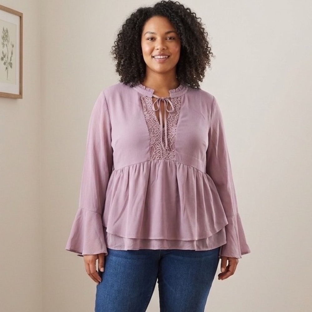 Arizona Jean Co Womens XL Mauve Purple Lace Peplum Bell Sleeve Boho Blouse Top